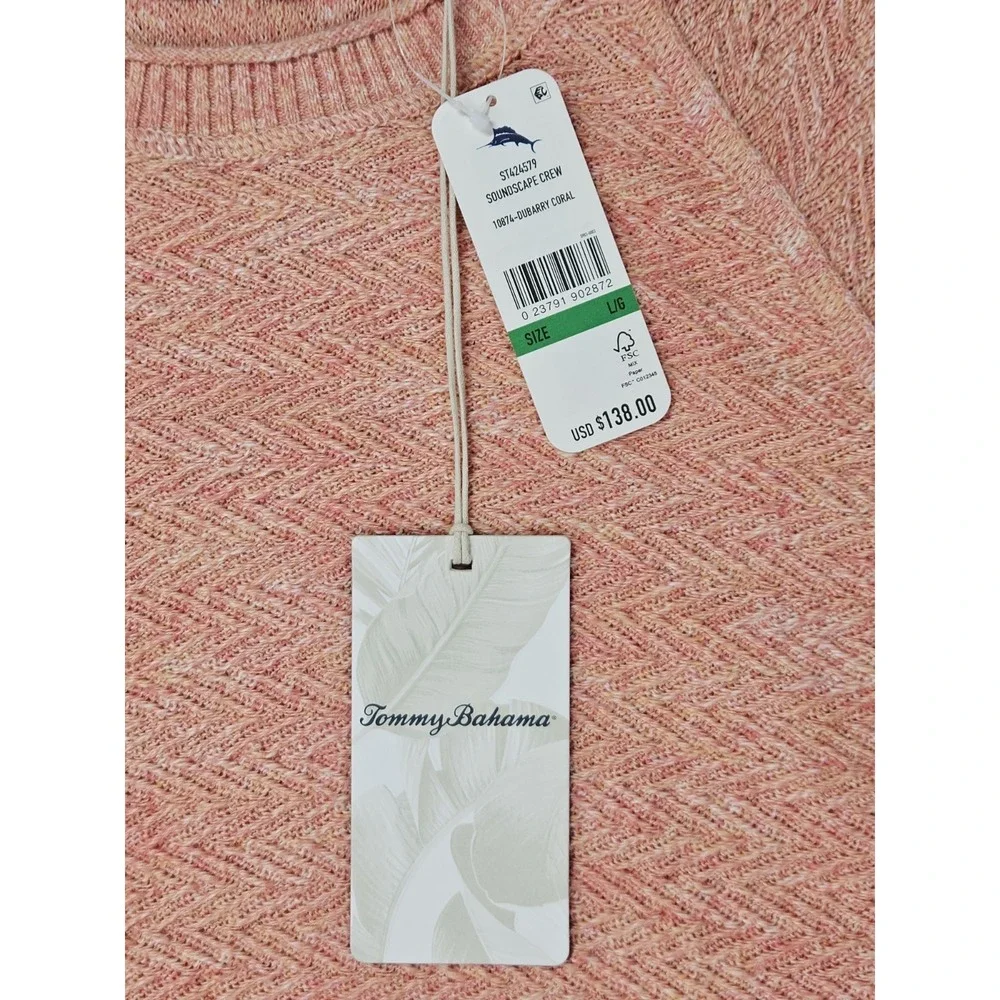 Tommy Bahama Soundscape Crew Sweater Men's Large Coral Orange Herringbone NWT